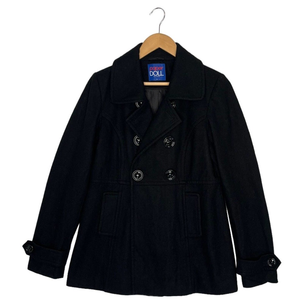 Paper Doll Womens Large Wool Pea Coat Double Breasted Notched Collar Lined Black
